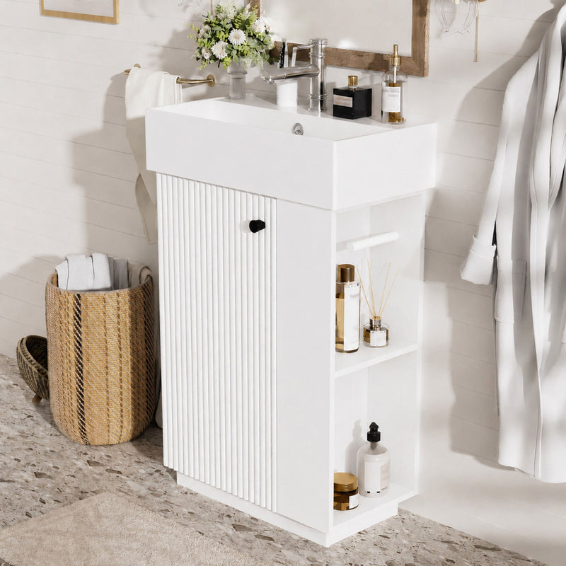 Freestanding white bathroom vanity with sink top and open shelves for storage