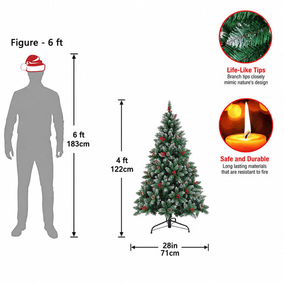 Dark green artificial Christmas tree with LED lights, snowy branches, and metal stand