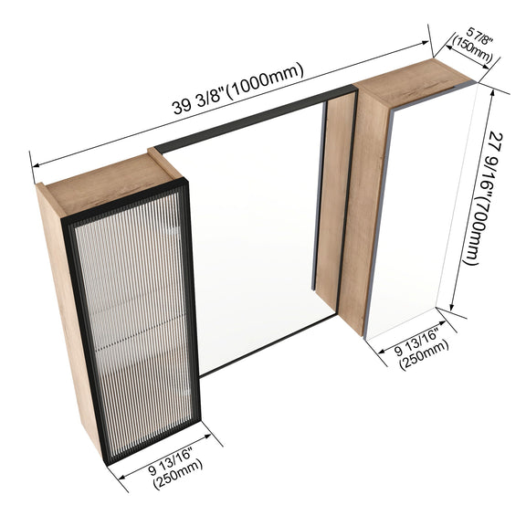 Oak wall cabinet with black-framed door, size dimensions and open access