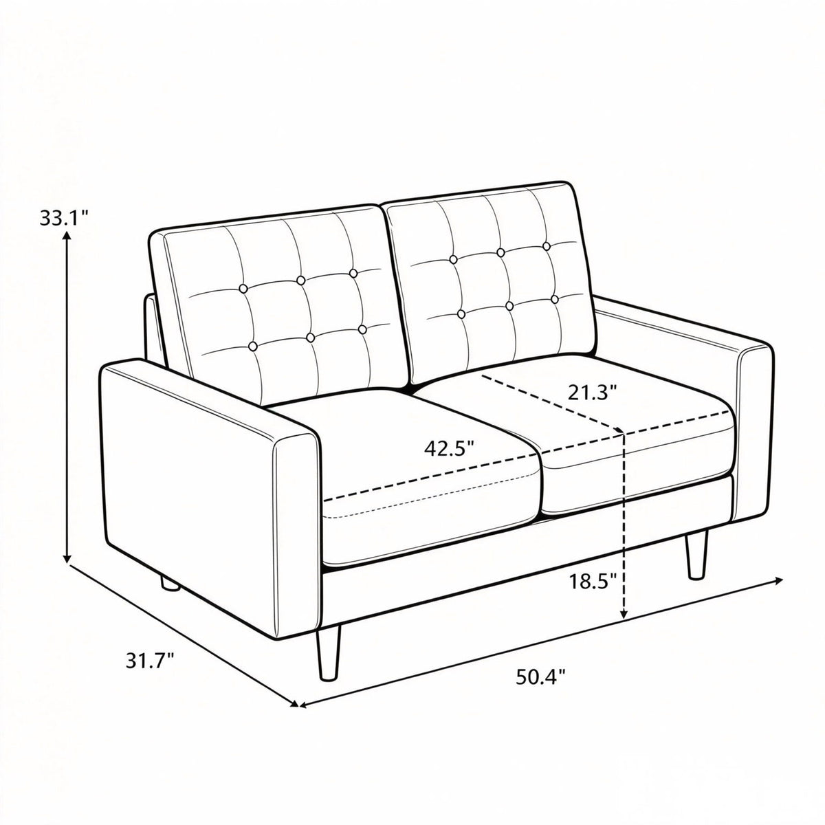 Loveseat sofa dimension diagram showing width, depth, and height measurements