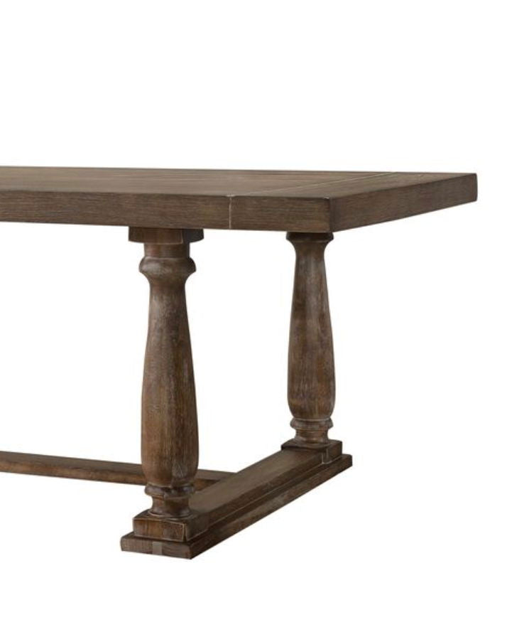 Dark brown dining table leg with carved pedestal base and turned posts