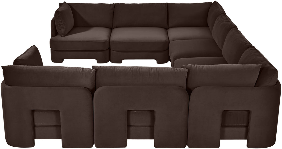 Dark brown velvet U-shaped sectional sofa with padded back and block seat cushions