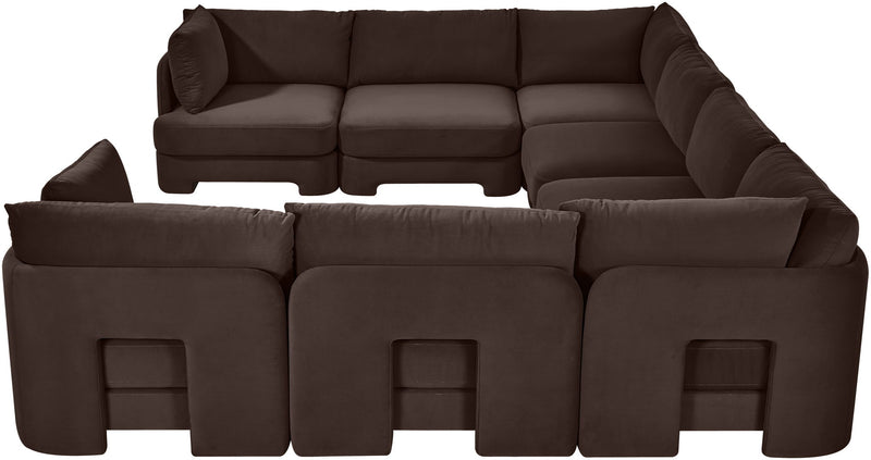 Dark brown velvet U-shaped sectional sofa with padded back and block seat cushions