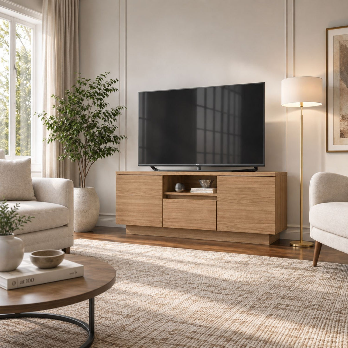 Oak TV stand with open center shelf, drawer, and two door cabinets