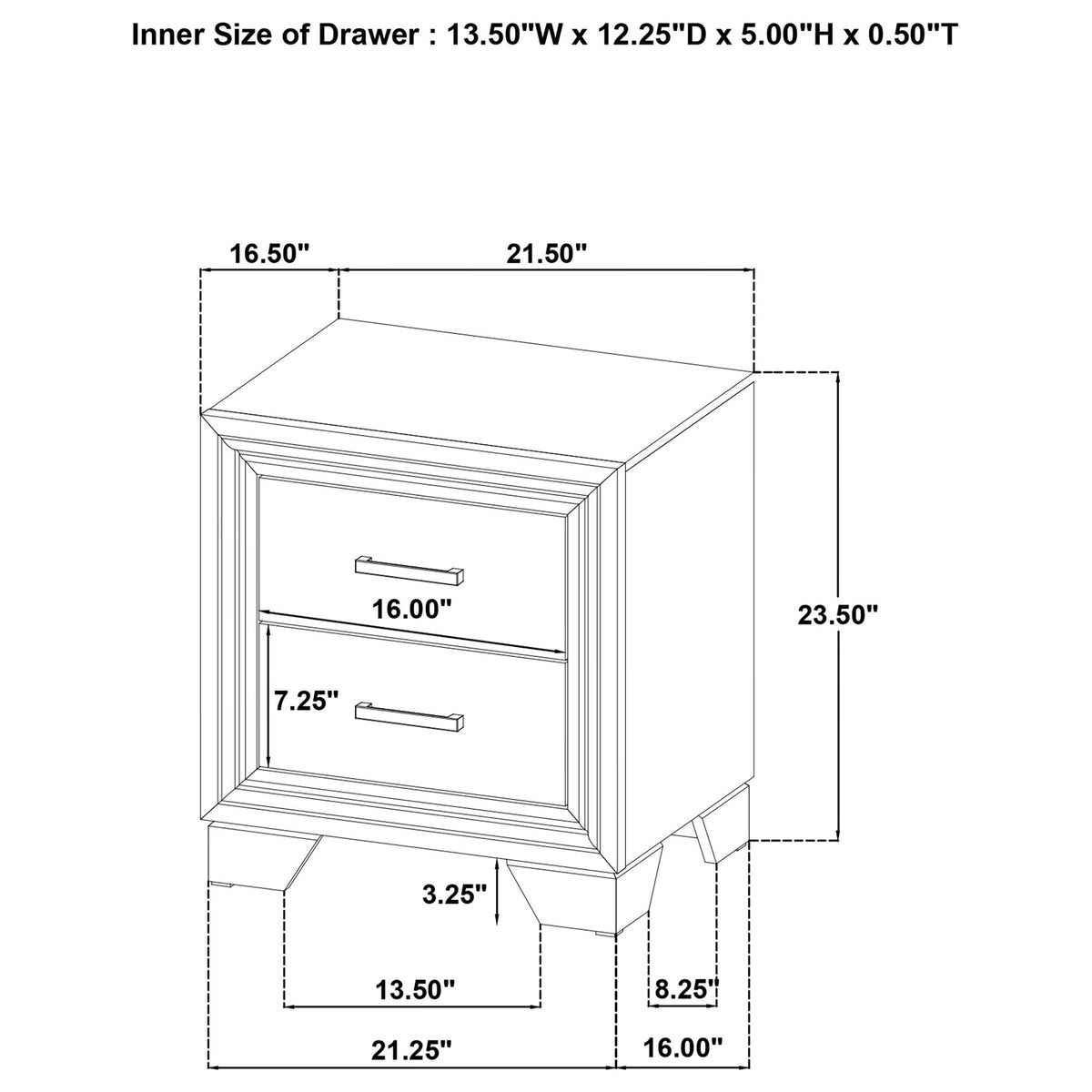 Funston 2-drawer nightstand diagram showing interior drawer size and measurements