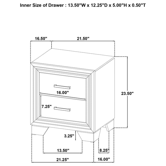 Funston 2-drawer nightstand diagram showing interior drawer size and measurements