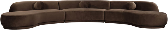 Velvet sectional sofa, brown, rounded chaise, button-tufted cushions