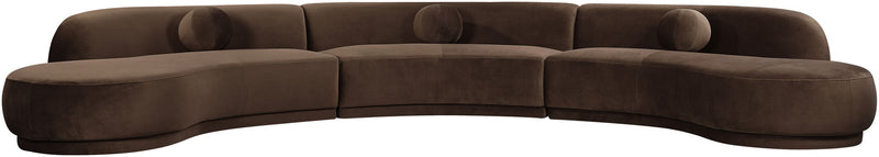 Velvet sectional sofa, brown, rounded chaise, button-tufted cushions