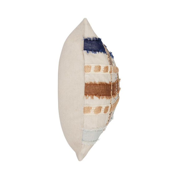 ML pillow cover side view with woven plaid panel in navy, tan, and cream on tan backing