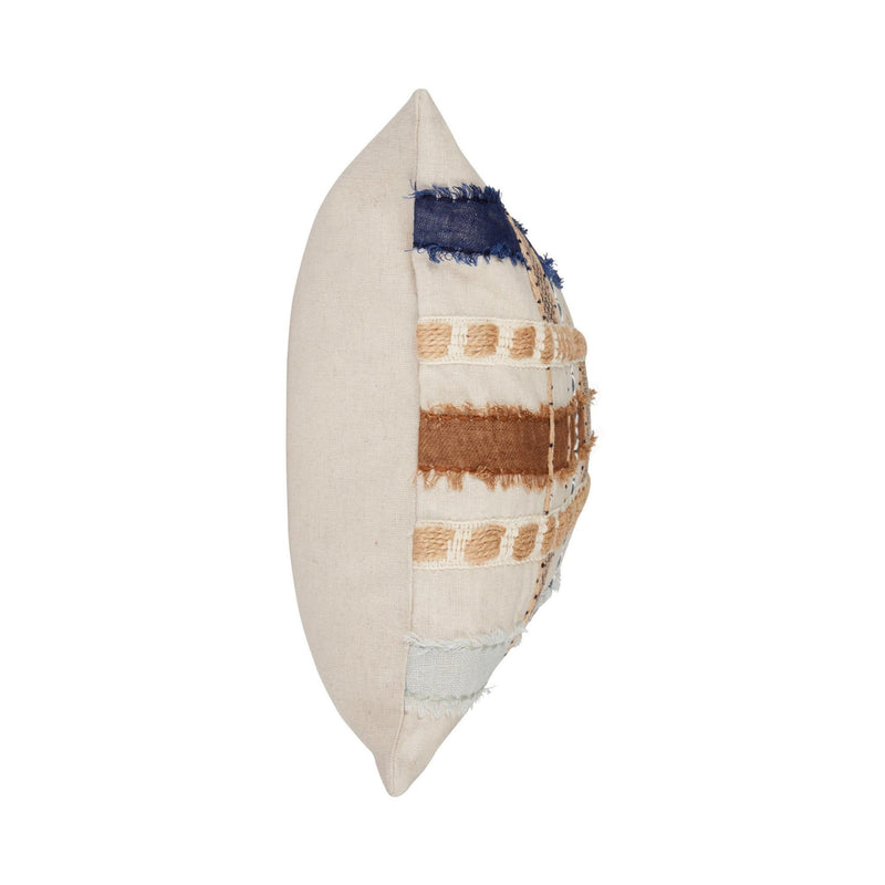 ML pillow cover side view with woven plaid panel in navy, tan, and cream on tan backing