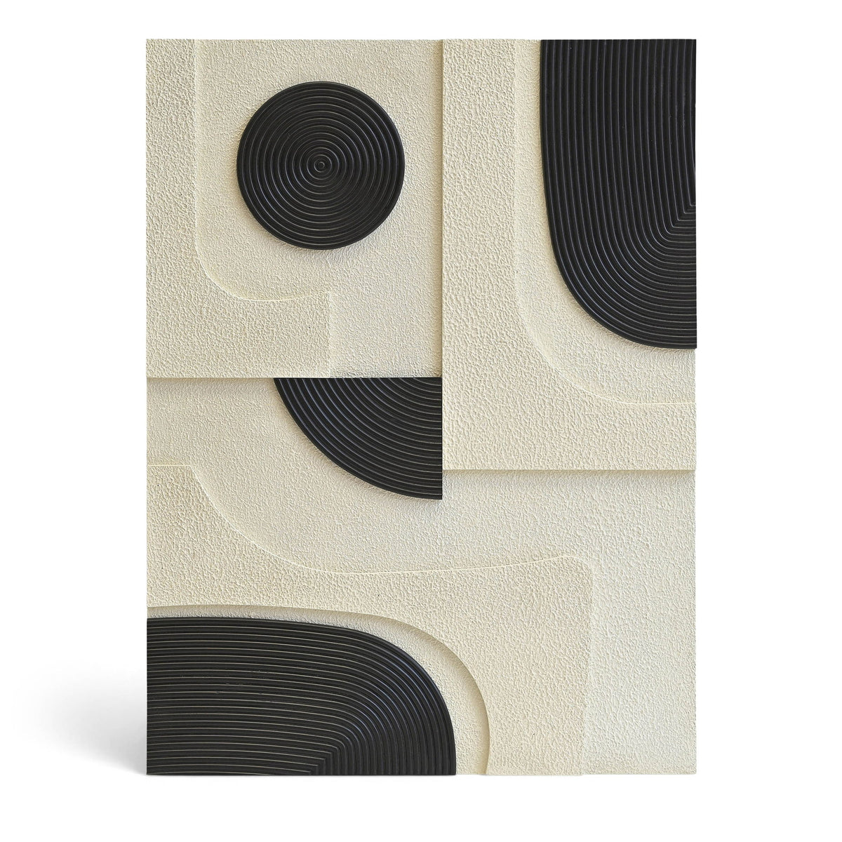 Mango wood wall decor panel with dark circular spiral and curved arc inlays