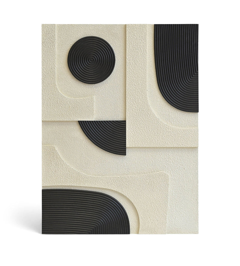 Mango wood wall decor panel with dark circular spiral and curved arc inlays