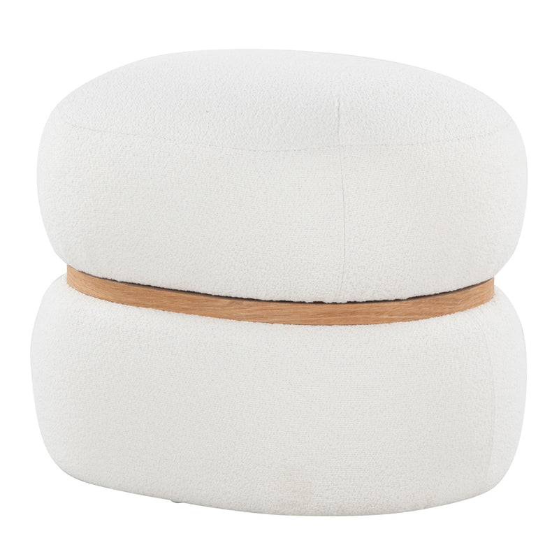 White pouf ottoman with wood ring base and soft rounded shape