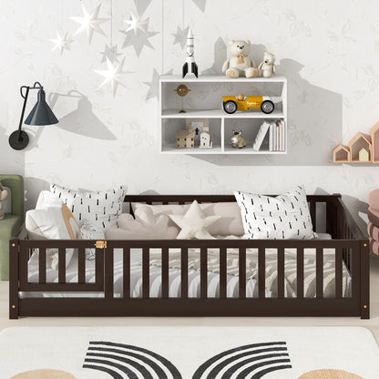 Twin Size Floor Bed with Fence and Door, Rubber Wood Floor Bed with Safety Guardrails, Espresso