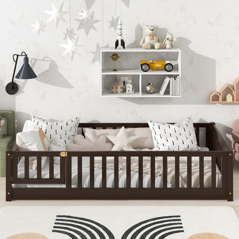 Twin Size Floor Bed with Fence and Door, Rubber Wood Floor Bed with Safety Guardrails, Espresso