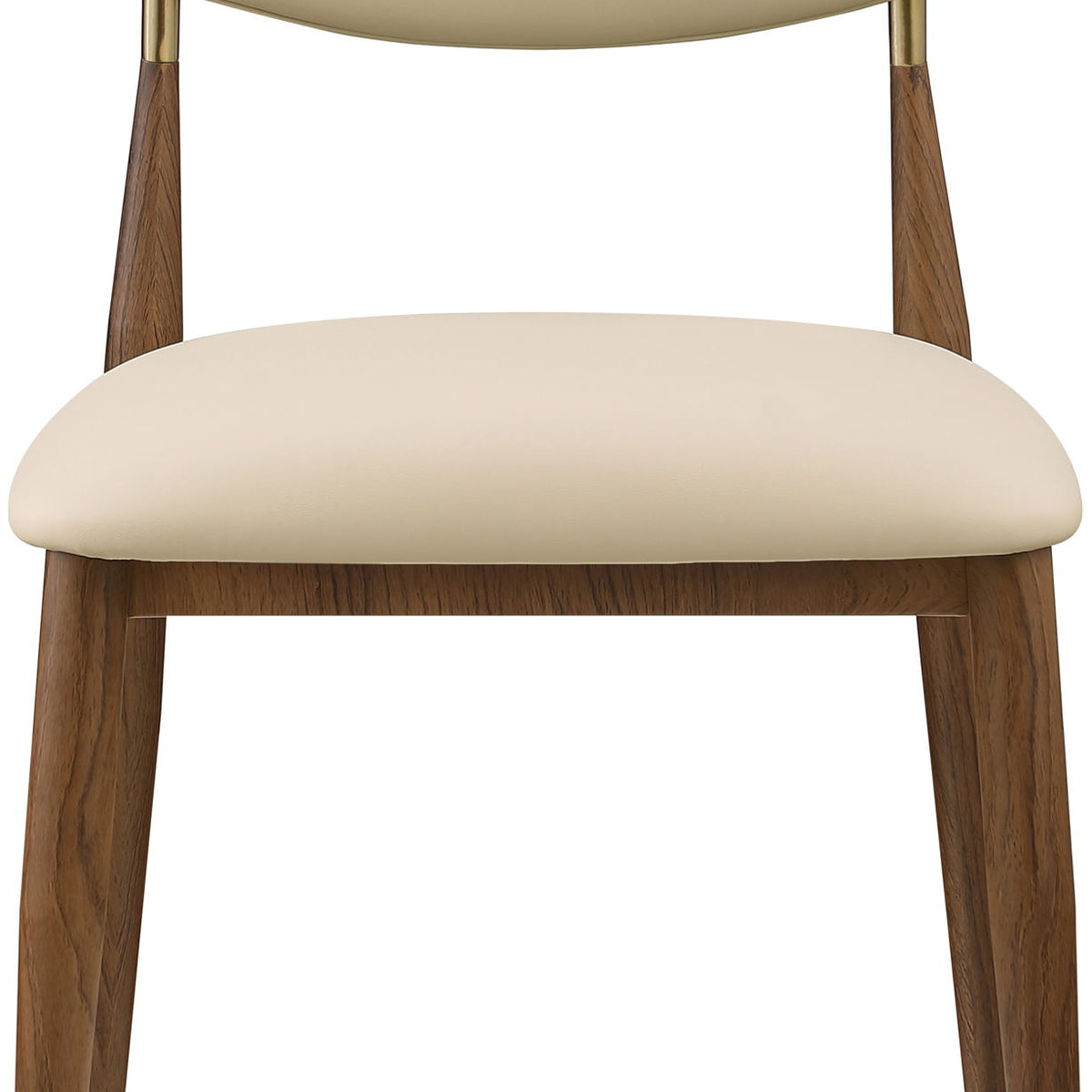 Beige vegan leather dining side chair, close-up view with walnut legs
