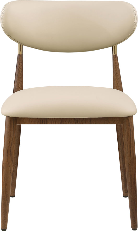 Beige vegan leather dining side chair, close-up view with walnut legs