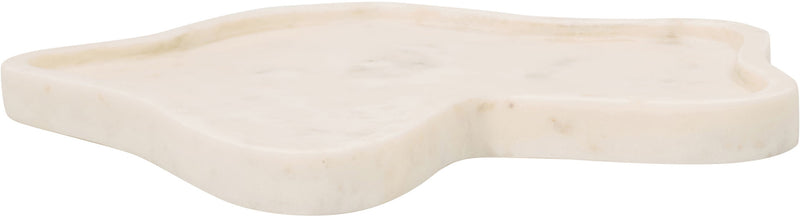 White marble tray with smooth surface and leaf-like silhouette.