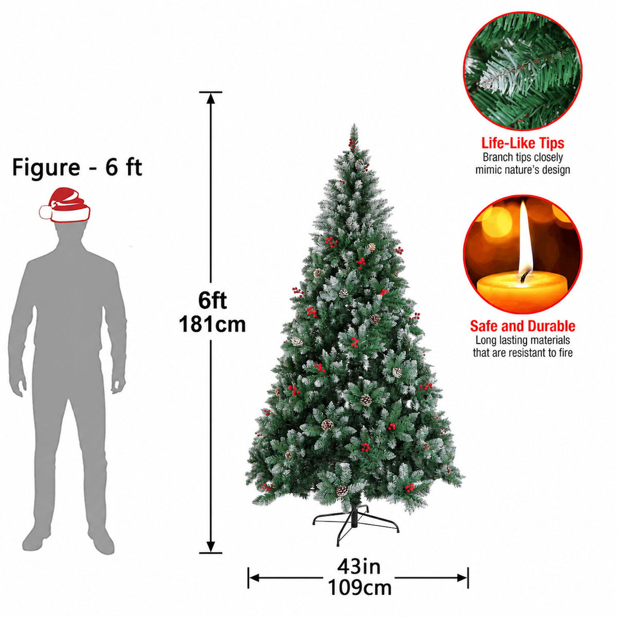 Dark green artificial Christmas tree with LED lights, red accents, and snowy branches