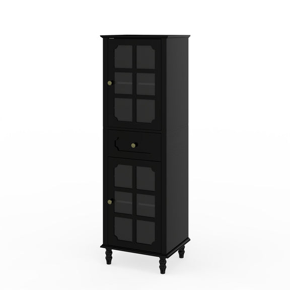 Black freestanding curio cabinet with two grid doors, center drawer, and turned legs