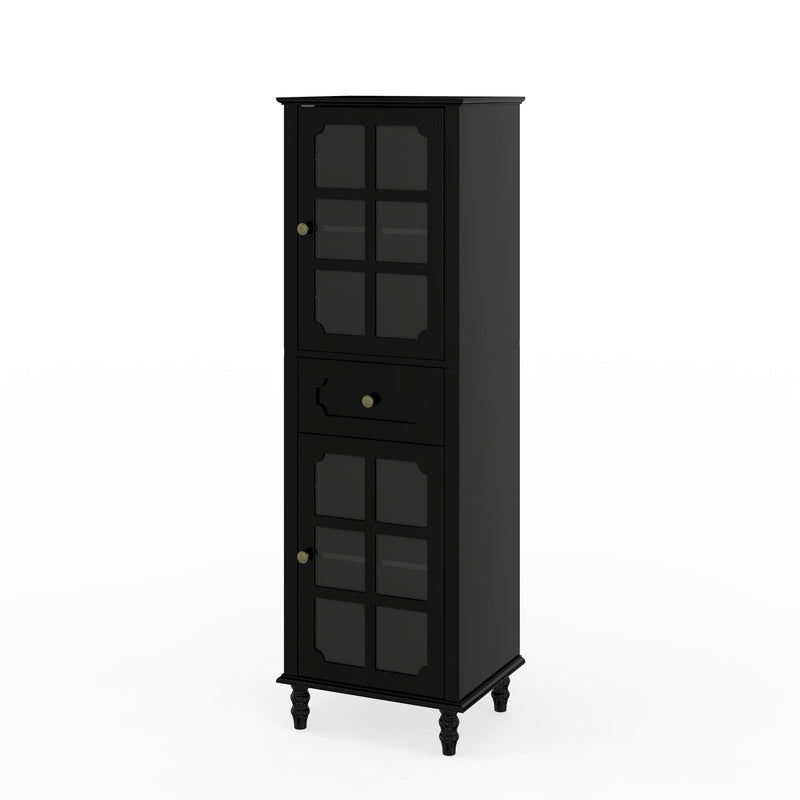 Black freestanding curio cabinet with two grid doors, center drawer, and turned legs