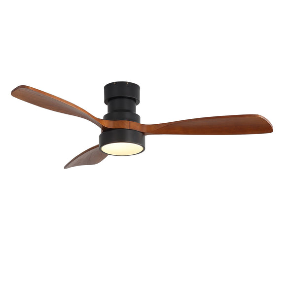 Ceiling fan with LED light, black housing, and three dark wood blades