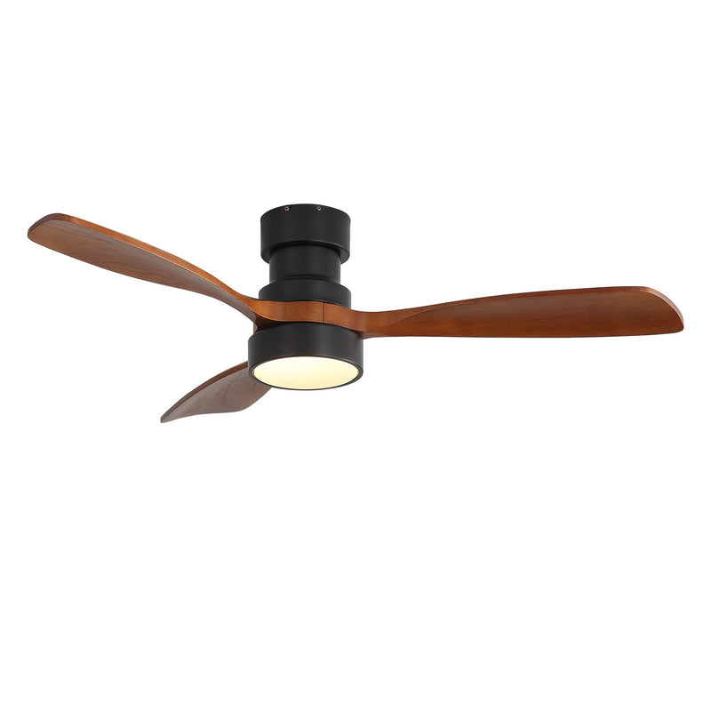 Ceiling fan with LED light, black housing, and three dark wood blades