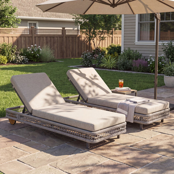 Two light gray outdoor chaise lounges with 5-position adjustable backrests and wheels