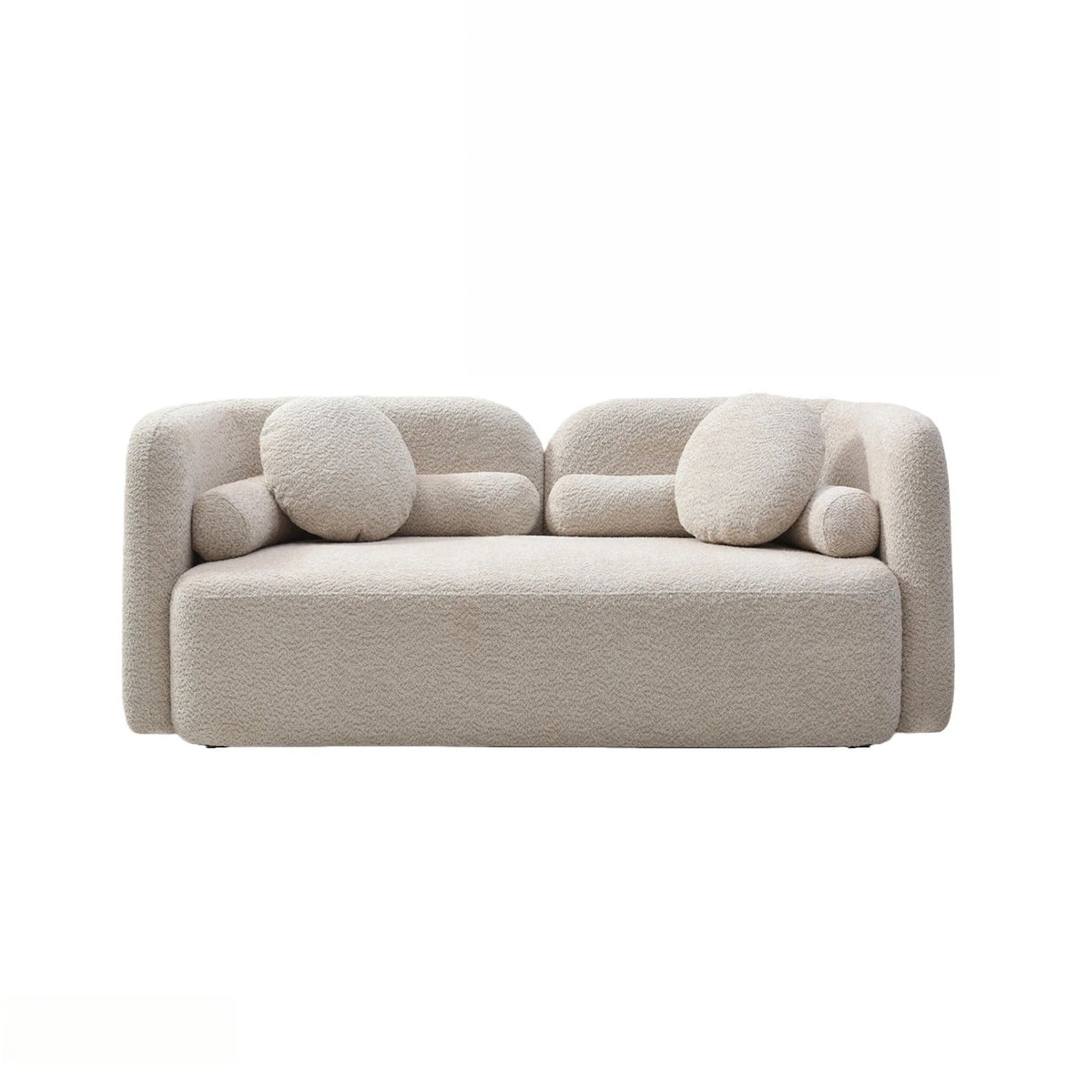 Light beige 2-seat upholstered sofa with rounded arms and three textured bolster cushions