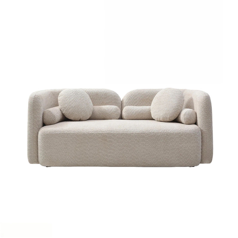Light beige 2-seat upholstered sofa with rounded arms and three textured bolster cushions