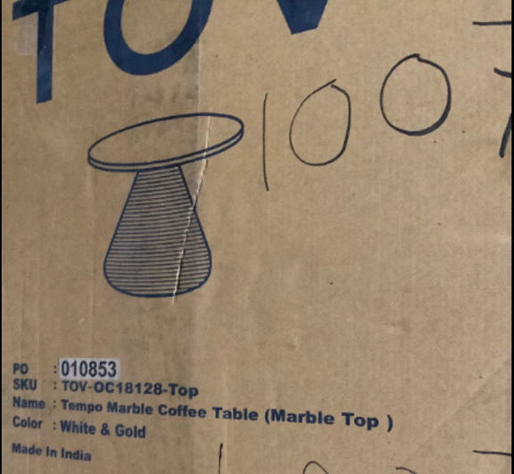 Printed product label for Tempo coffee table, marble top, white and gold