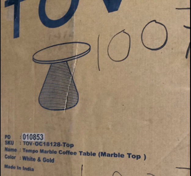 Printed product label for Tempo coffee table, marble top, white and gold