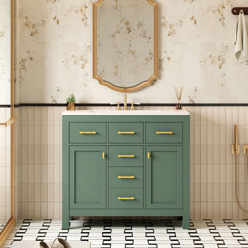 Dark green bathroom vanity with white sink, four drawers, two doors, and gold-tone pulls