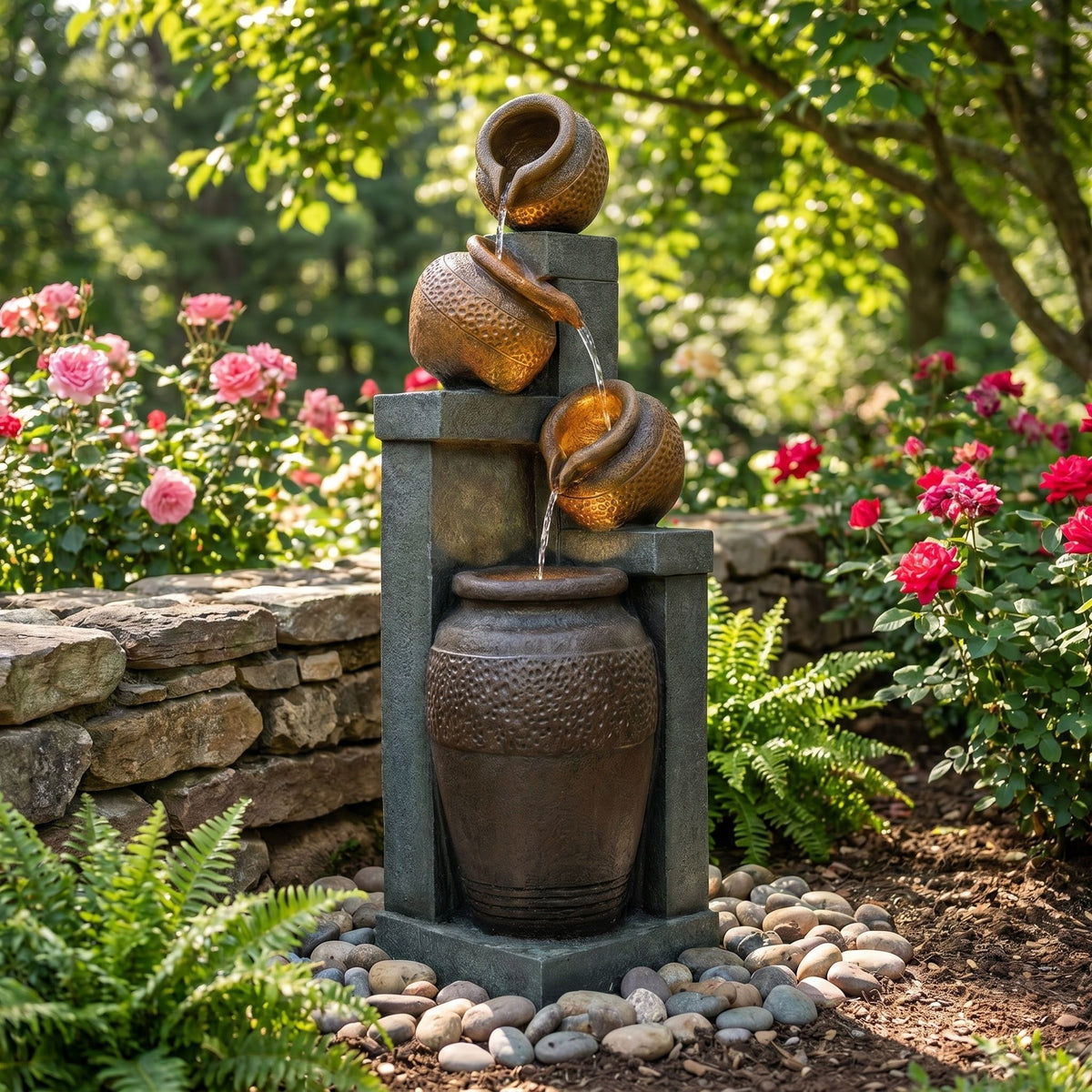 Four-tier garden fountain with textured brown vessels, stone-look frame, and cascading water.