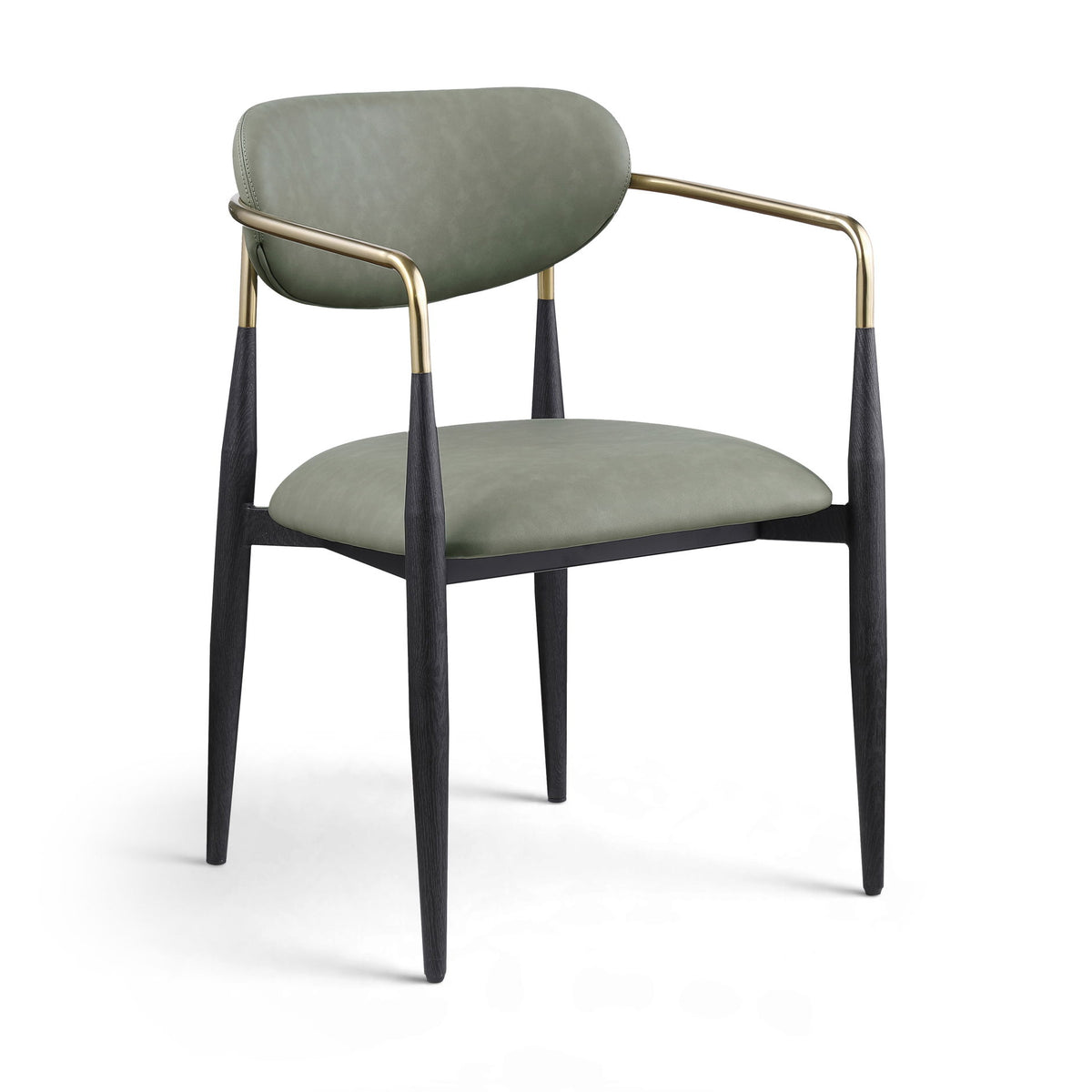 Upholstered dining arm chair with sage green seat and back, black legs, gold arm frame