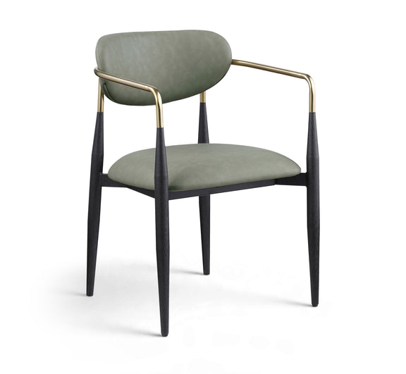 Upholstered dining arm chair with sage green seat and back, black legs, gold arm frame