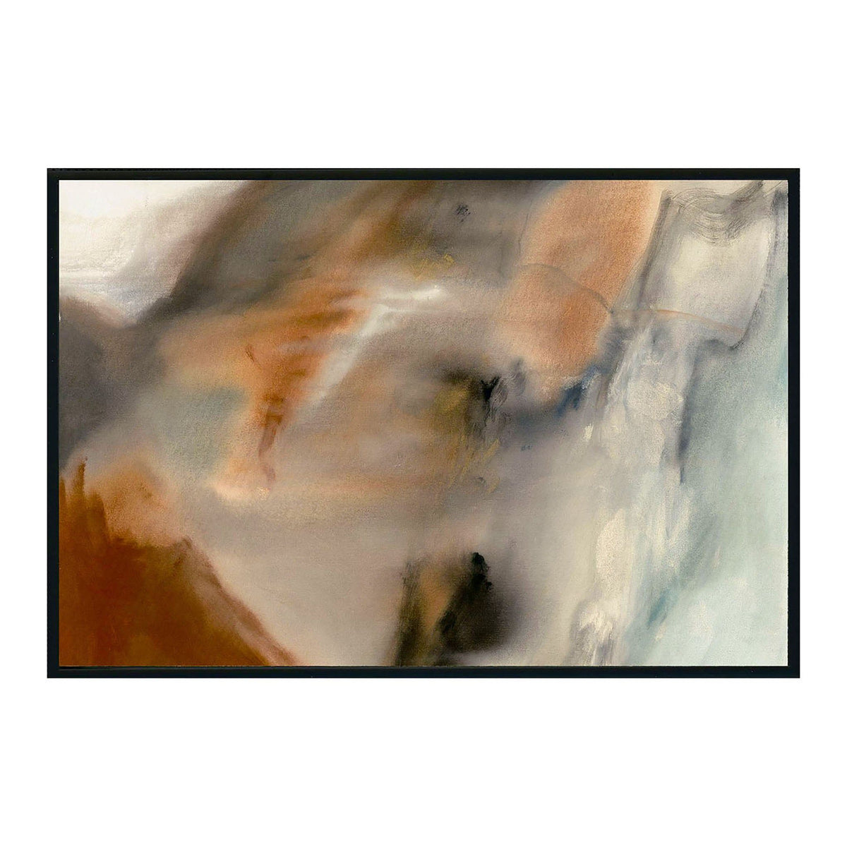 Framed abstract painting with warm orange-brown and cool gray-blue brushstrokes