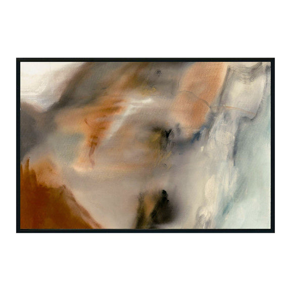 Framed abstract painting with warm orange-brown and cool gray-blue brushstrokes