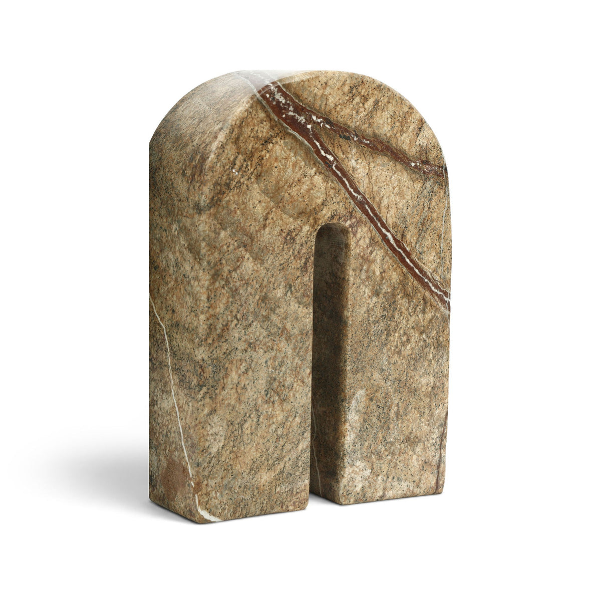 Brown-gold marble bookend with arched cutout, dark veining detail