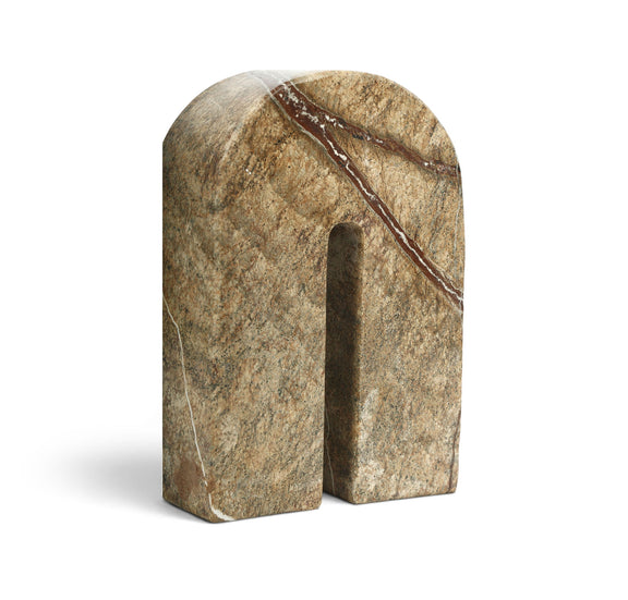 Brown-gold marble bookend with arched cutout, dark veining detail