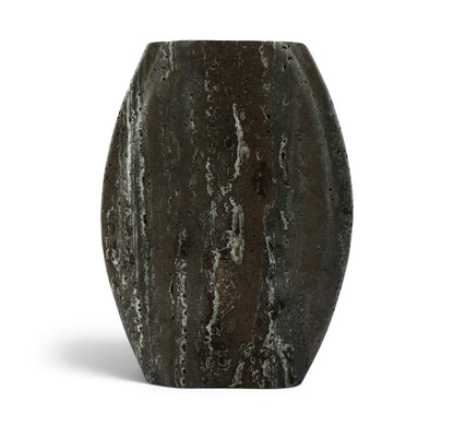 Gray textured travertine-style vase with tapered sides and rounded base