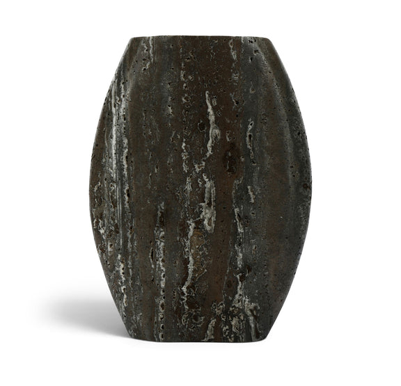 Gray textured travertine-style vase with tapered sides and rounded base
