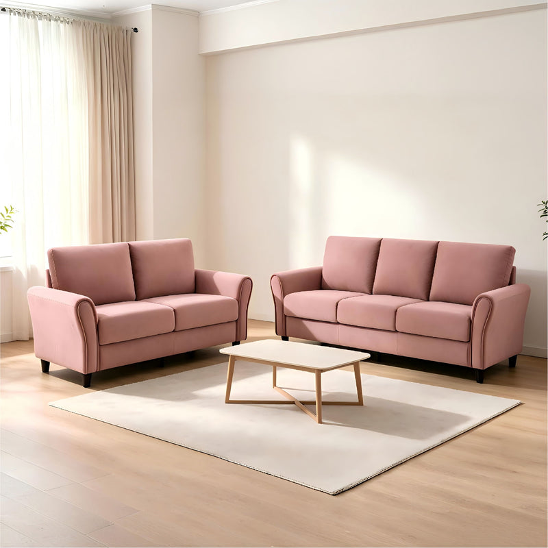 Pink 2-piece sofa set with loveseat and sofa, padded back cushions, tapered legs