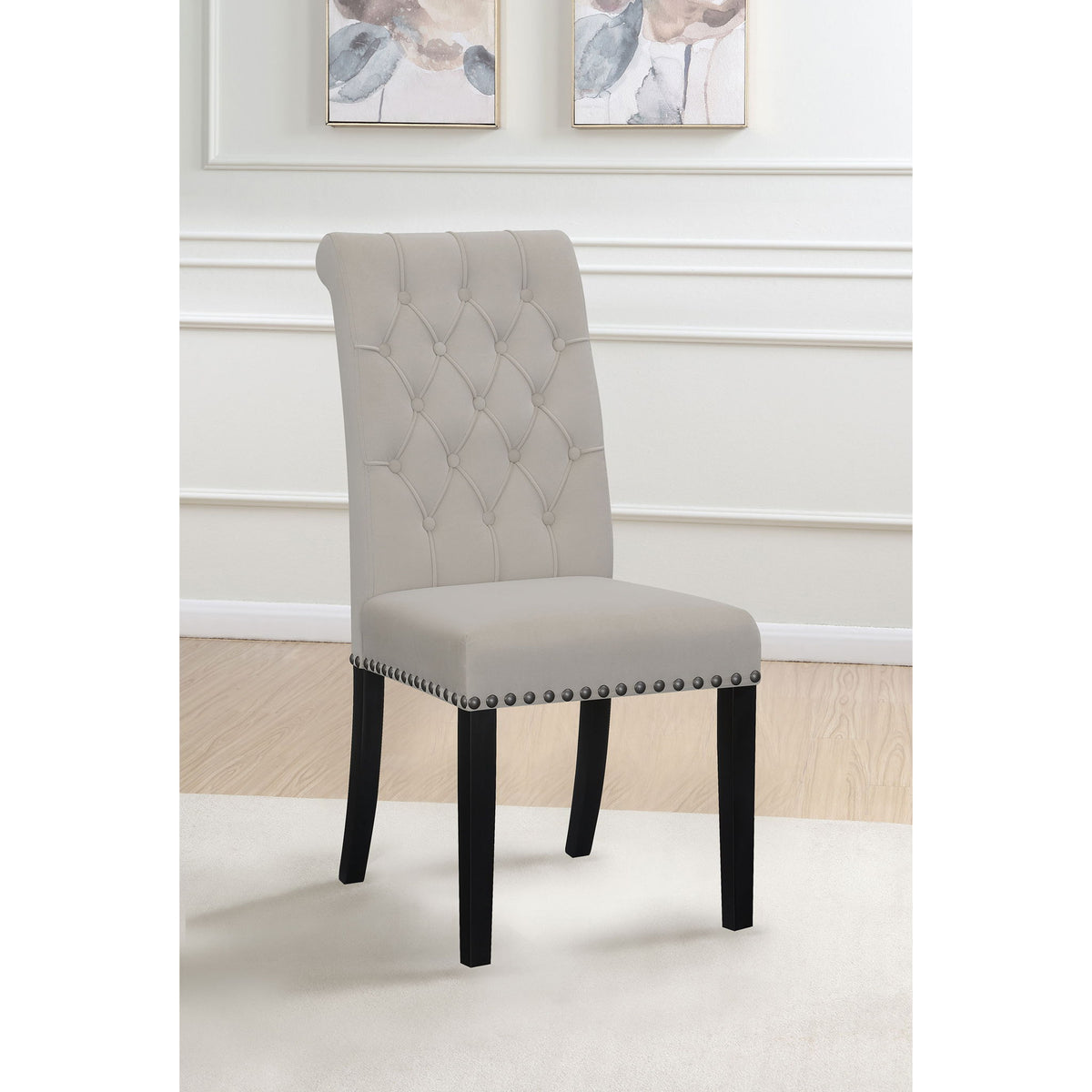Upholstered side chair with diamond tufting, nailhead trim, rolled back, dark legs