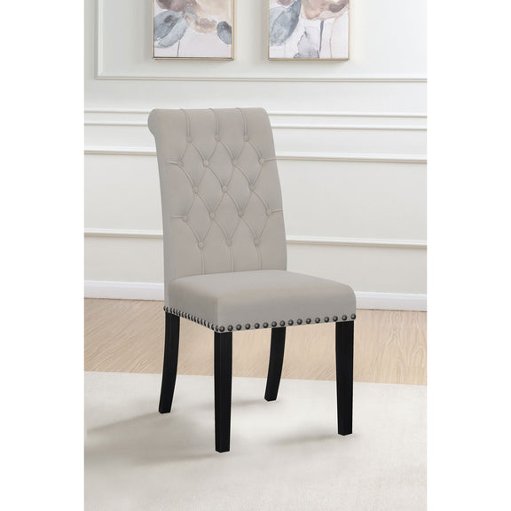 Upholstered side chair with diamond tufting, nailhead trim, rolled back, dark legs