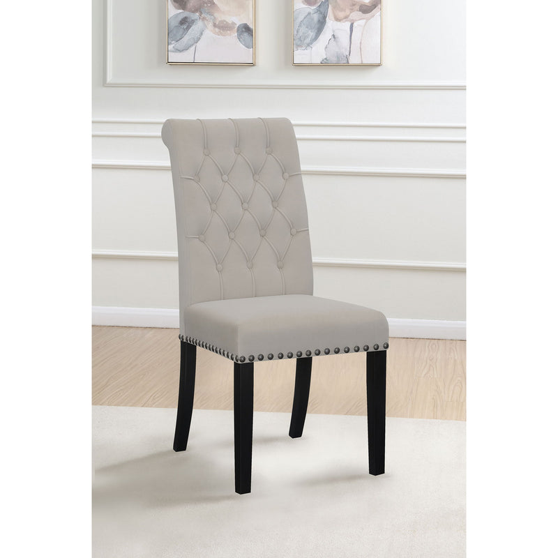 Upholstered side chair with diamond tufting, nailhead trim, rolled back, dark legs