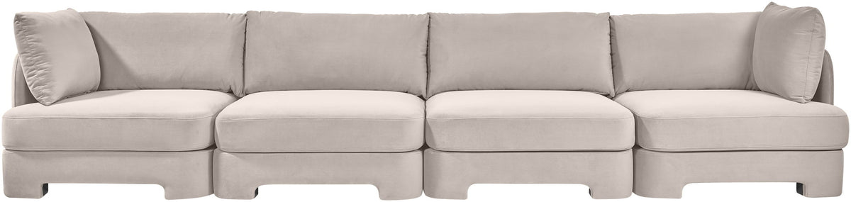 Light gray velvet upholstered 4-piece sectional sofa set, front view