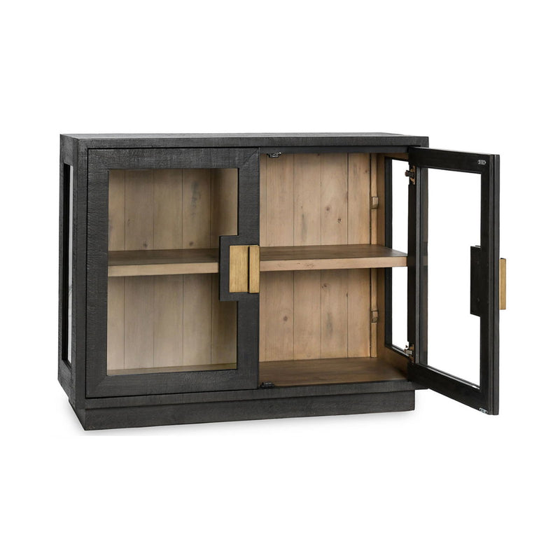 Antique black 2-door cabinet with doors open, revealing two compartment shelves