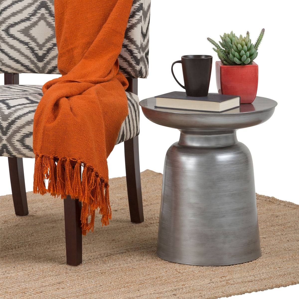 Silver round bell accent table with flared tray top and tapered pedestal