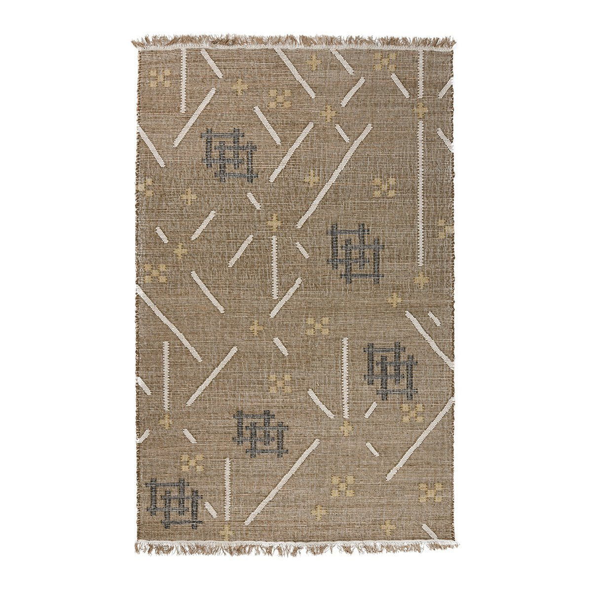 Tan area rug with white geometric lines and dark blue motif blocks, short fringe